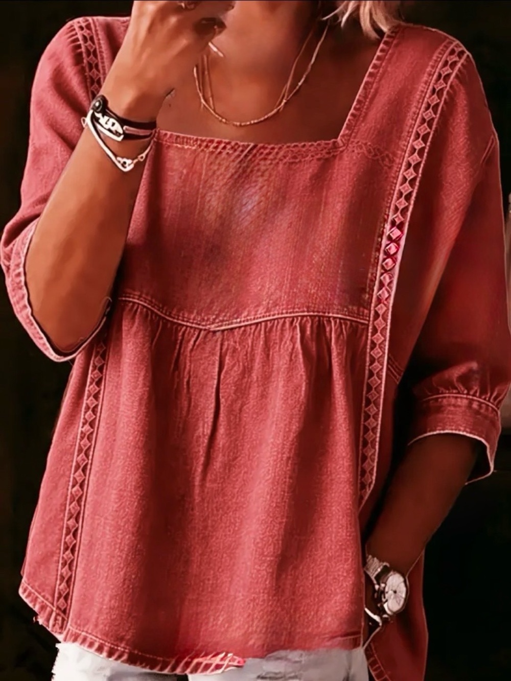Astrid Babydoll Square-Neck Peasant Tunic in Dusty Rose Red With Trim XL NWT